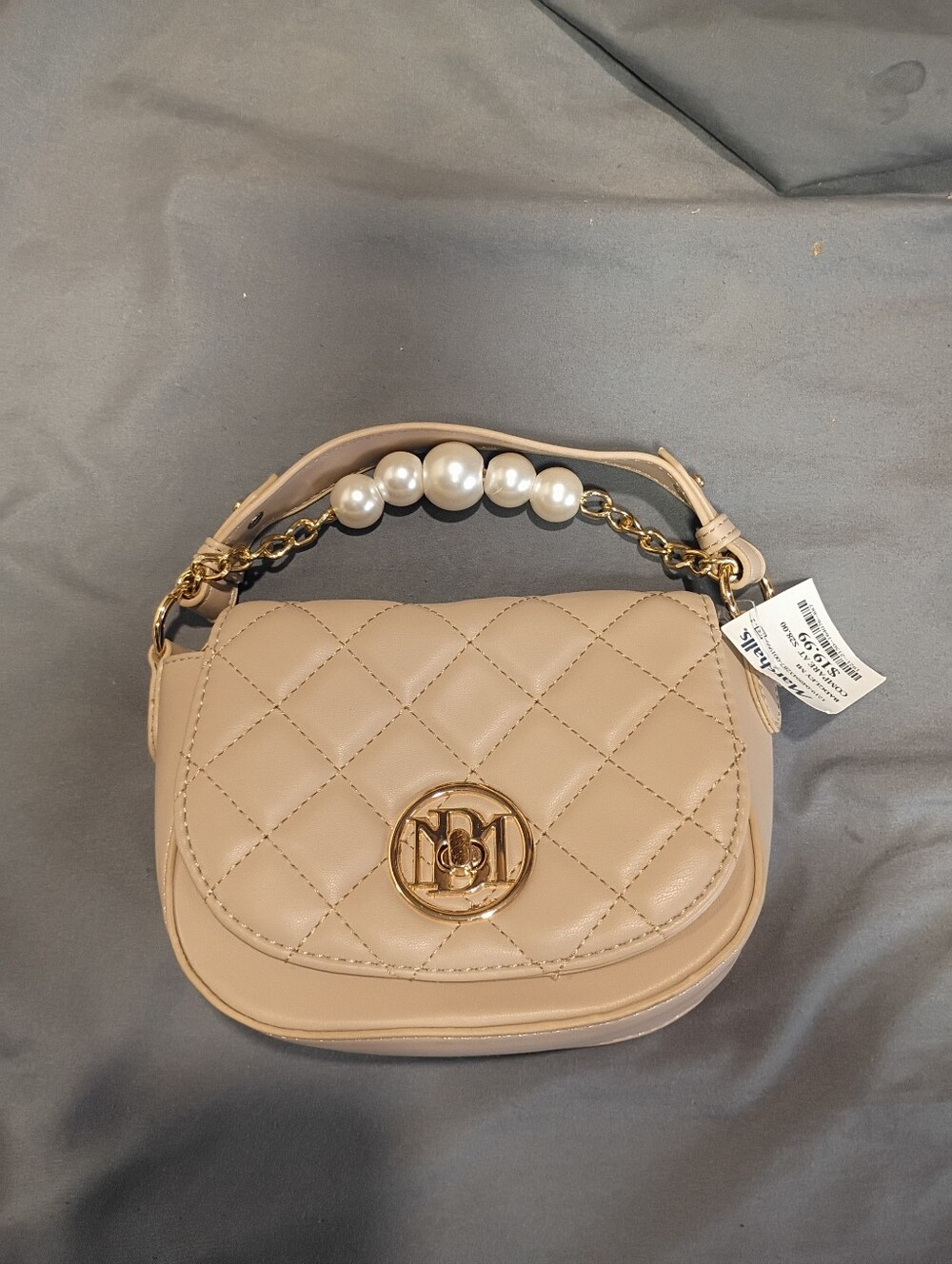 Badgley Mischka Beige Quilted Crossbody Bag with Pearl Detail